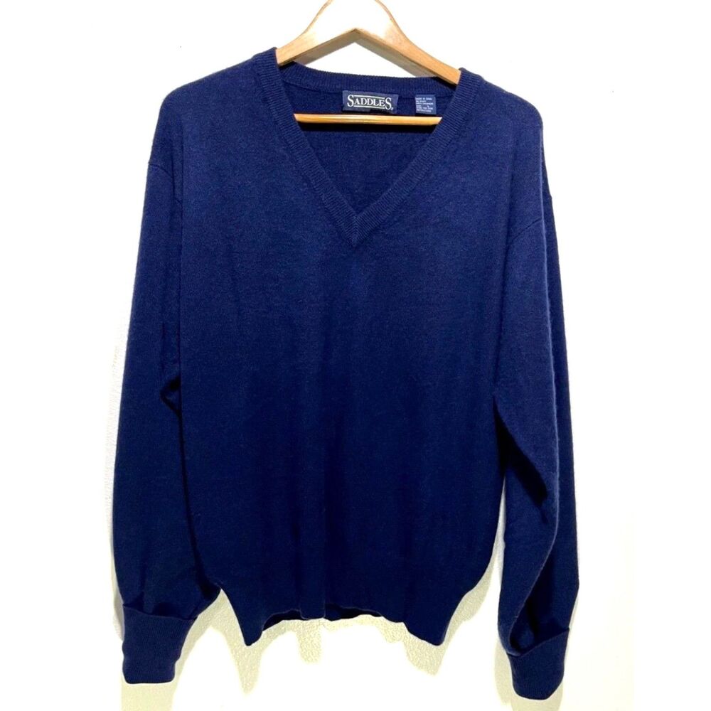 Saddles cashmere sweater navy blue V neck winter business casual classic men L
